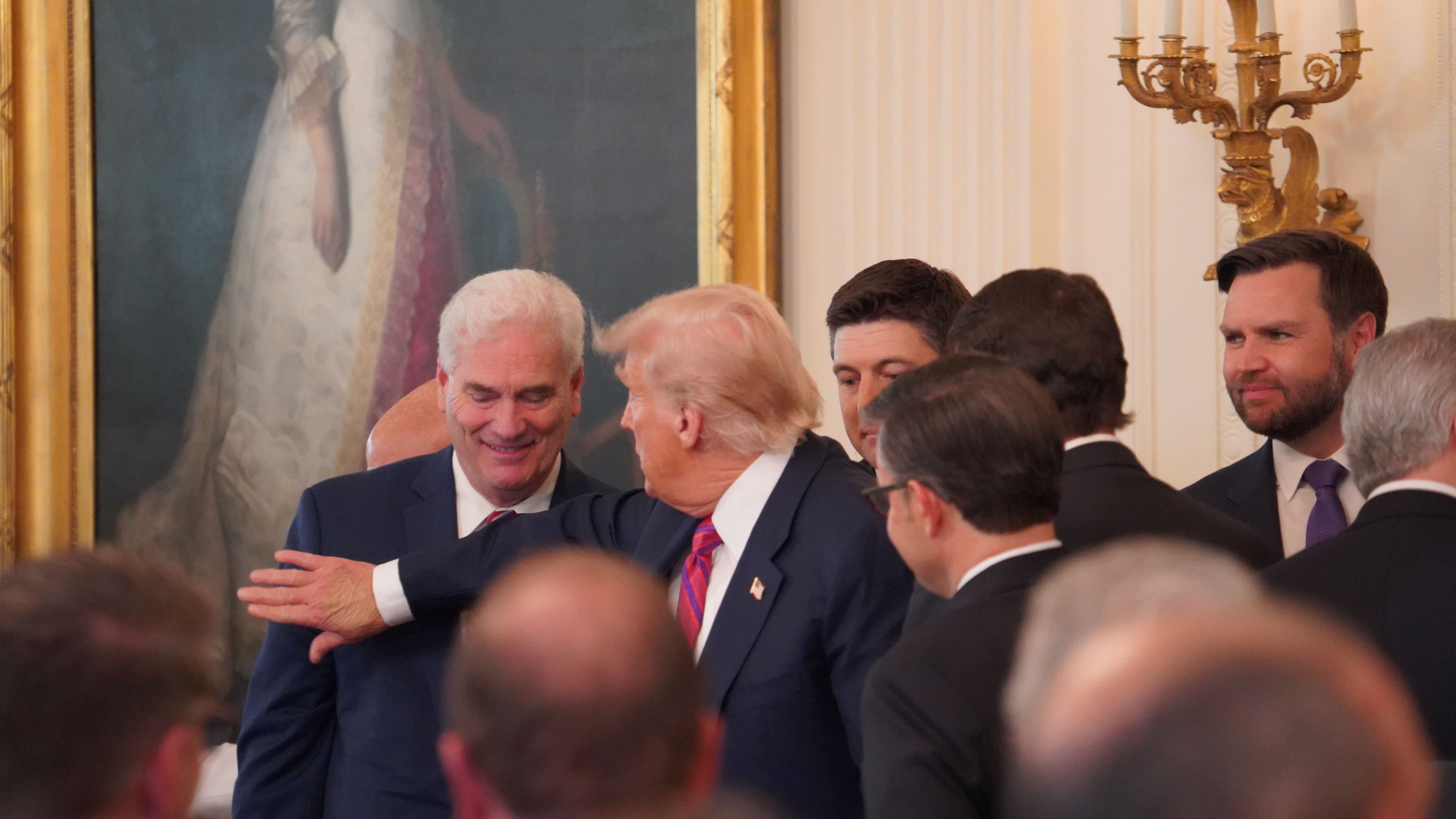House Majority Whip Tom Emmer, President Donald Trump, Speaker Mike Johnson, Vice President JD Vance (Nikhilesh De/CoinDesk) House Majority Whip Tom Emmer, President Donald Trump, Speaker Mike Johnson, Vice President JD Vance (Nikhilesh De/CoinDesk)