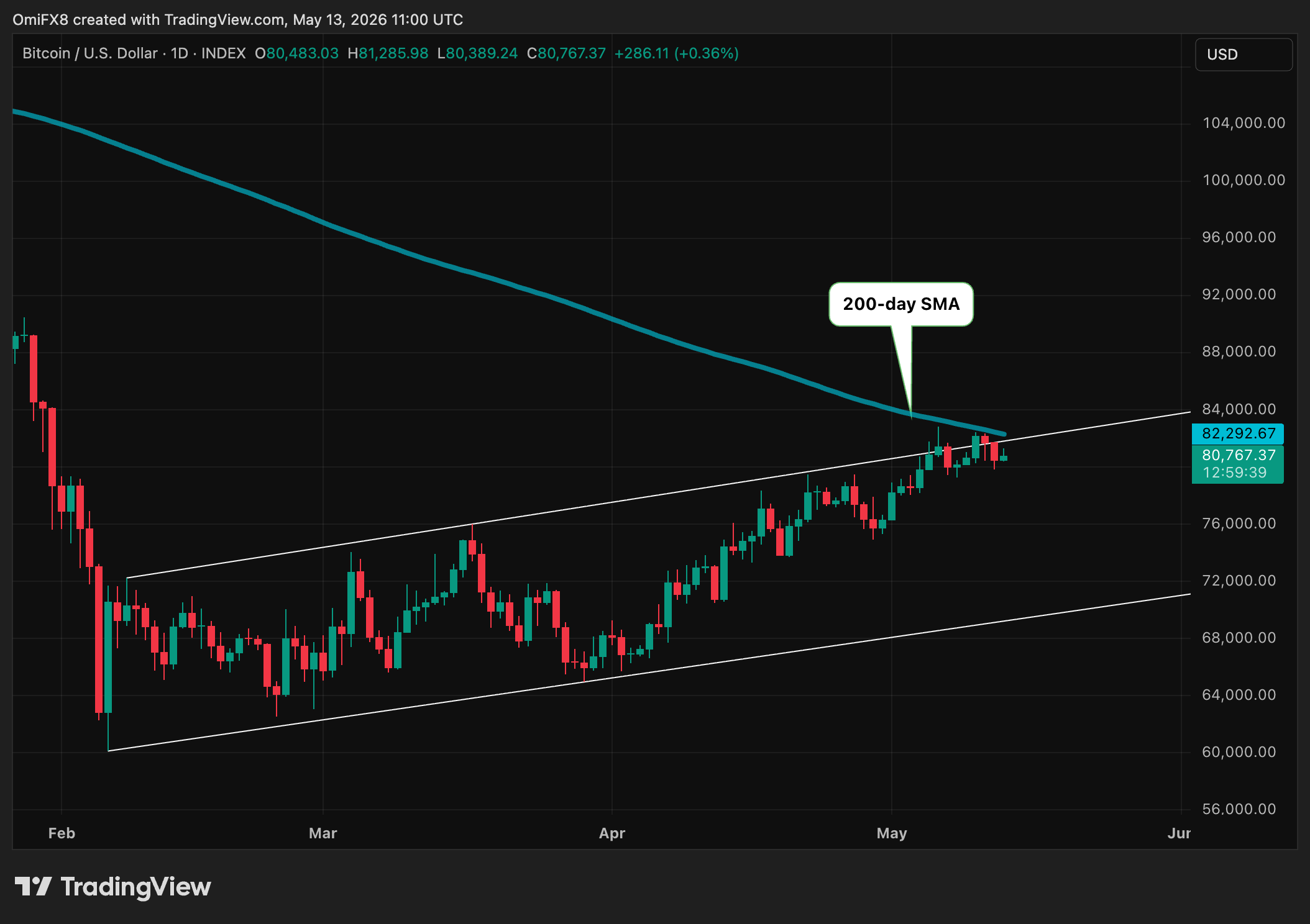 BTC's price action in candlestick format, with the 200-day simple moving average. (TradingView)