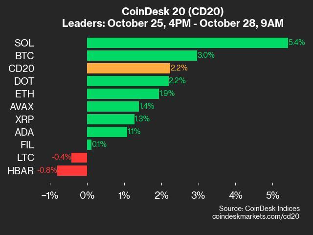 CoinDesk 20 Performance Update: SOL Gains 5.4%, Leading Index Higher from Friday