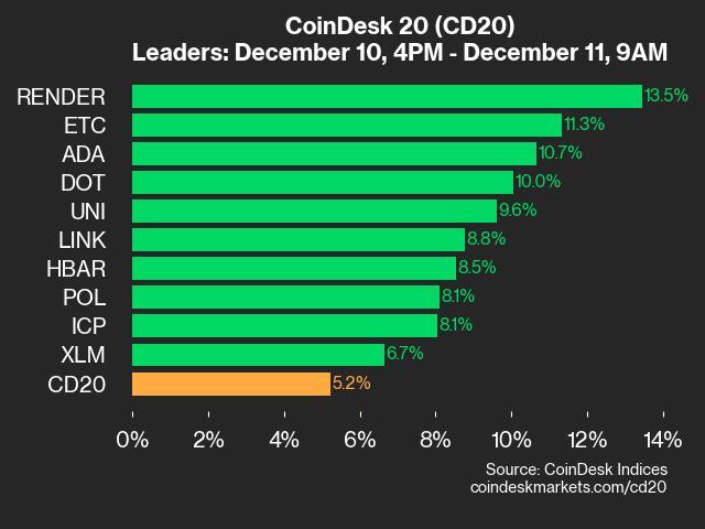 Aktualizacja CoinDesk 20 z 9:00 na rok 2024-12-11: wykres liderów