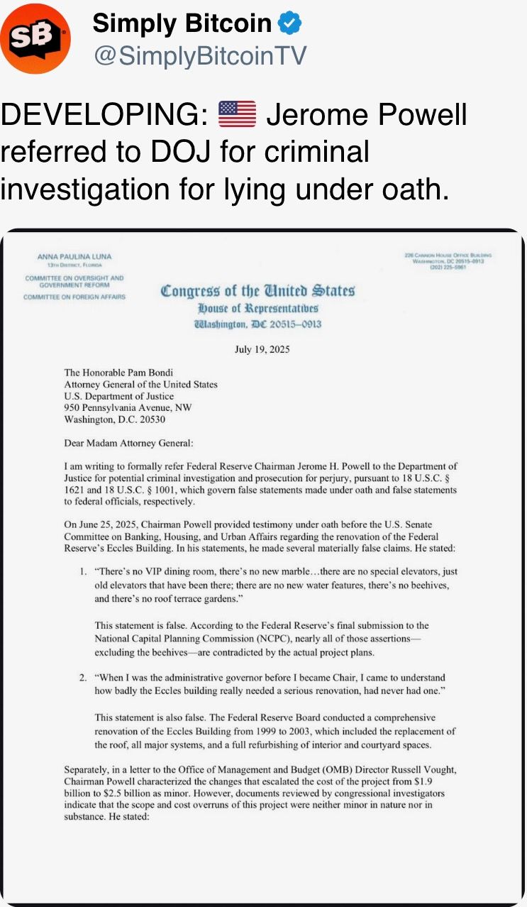 Jerome Powell referred to DOJ for criminal investigation for lying under oath.
