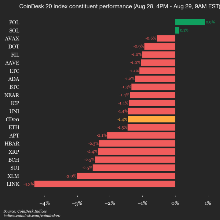 9am CoinDesk 20 Update for 2025-08-29: vertical chart 9am CoinDesk 20 Update for 2025-08-29: vertical