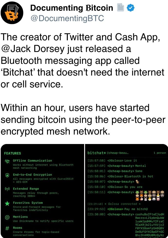 Within an hour, users have started sending bitcoin using the peer-to-peer encrypted mesh network.