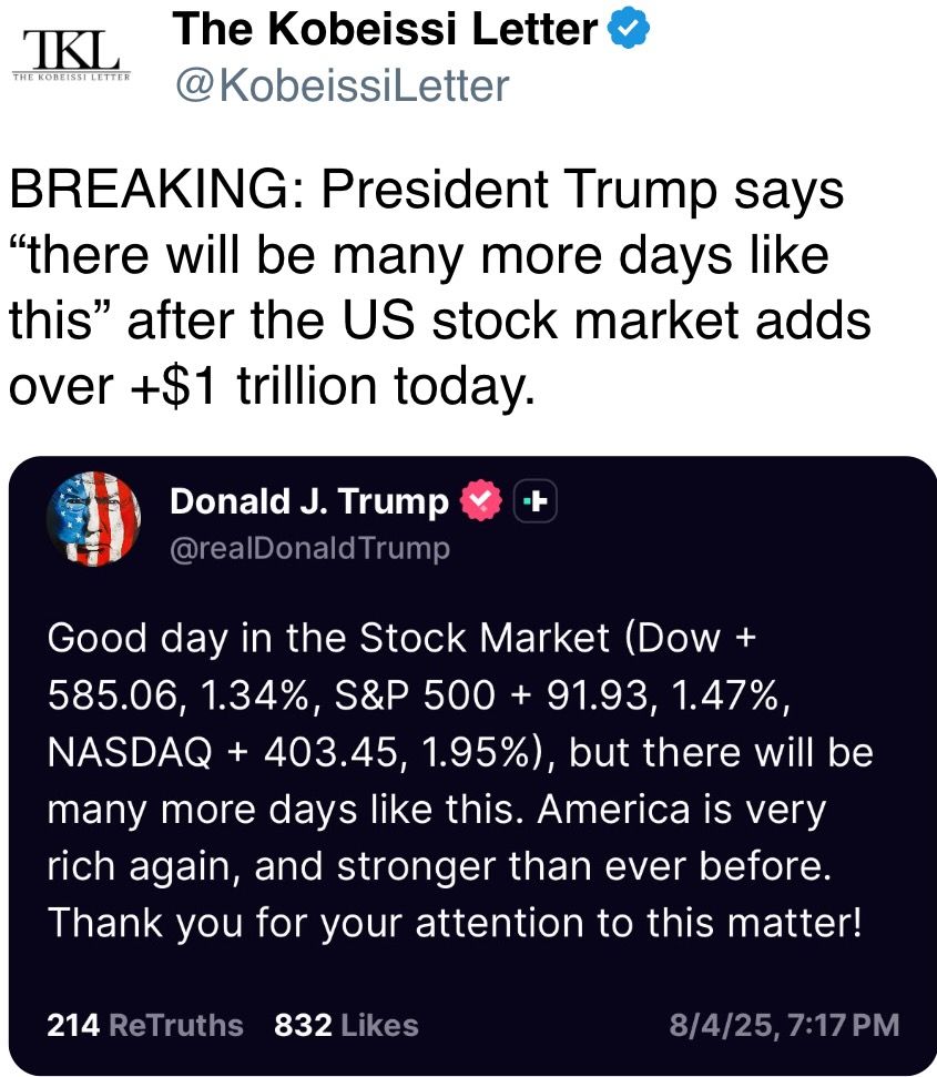 President Trump says “there volition beryllium galore much days similar this” aft the US banal marketplace adds implicit +$1 trillion today. President Trump says “there volition beryllium galore much days similar this” aft the US banal marketplace adds implicit +$1 trillion today.