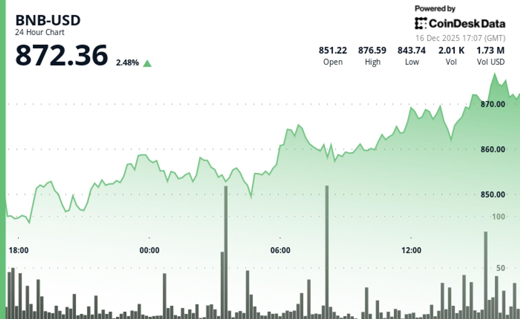 BNB tops $870, outperforming crypto majors as volume surges