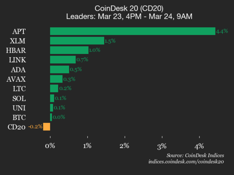 CoinDesk 20 performance update: Polkadot (DOT) drops 2.3% as index trades lower
