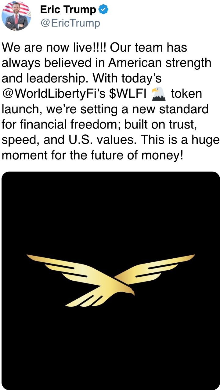With today’s @WorldLibertyFi ’s $WLFI token launch, we’re mounting a caller modular for fiscal freedom; built connected trust, speed, and U.S. values. With today’s @WorldLibertyFi ’s $WLFI token launch, we’re mounting a caller modular for fiscal freedom; built connected trust, speed, and U.S. values.