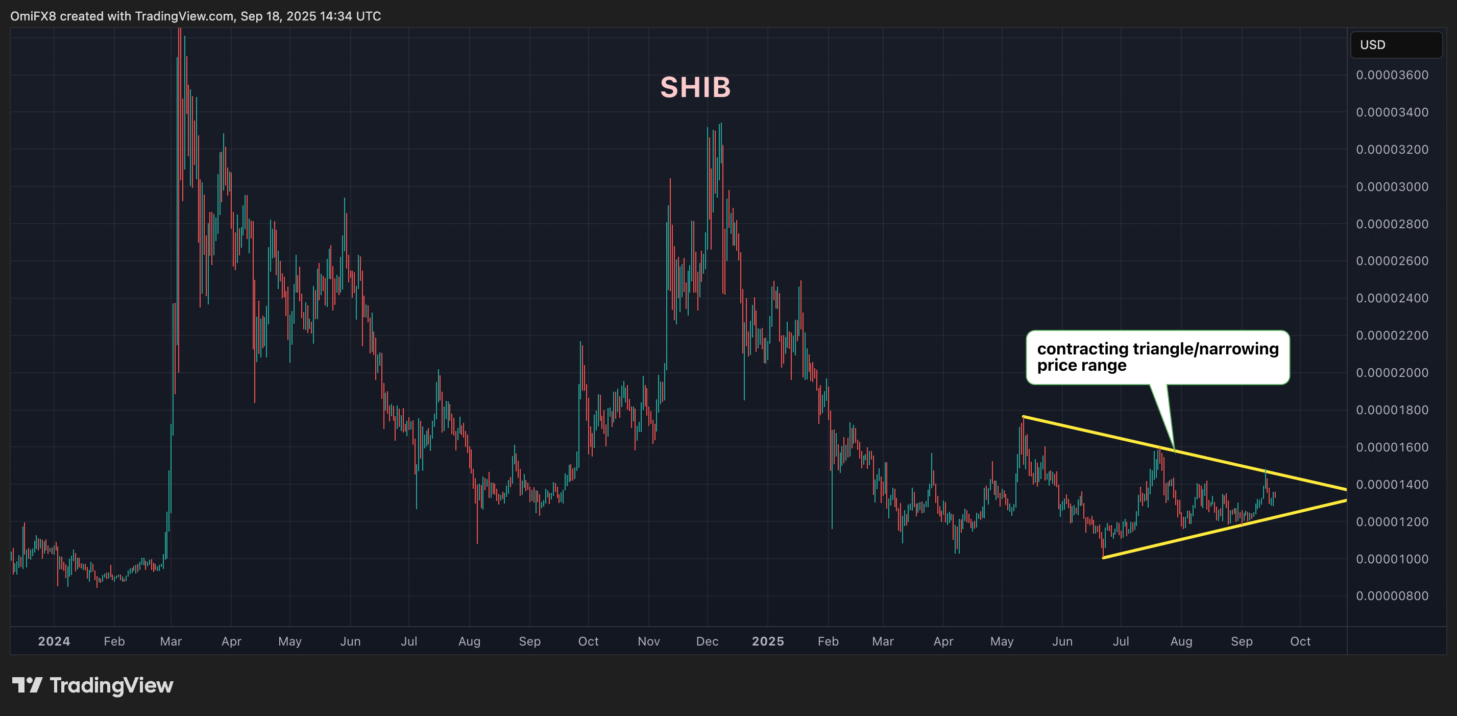 SHIB's daily chart. (TradingView/CoinDesk) SHIB's daily price chart in candlestick format. (TradingView/CoinDesk)