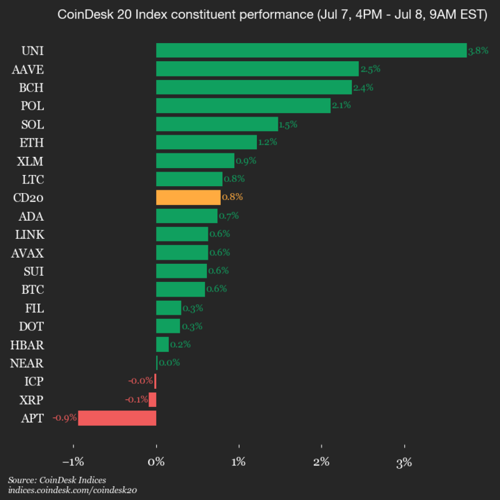 9am CoinDesk 20 Update for 2025-07-08: vertical chart 9am CoinDesk 20 Update for 2025-07-08: vertical