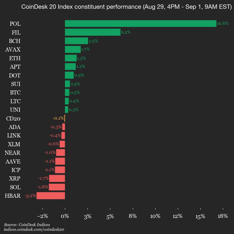 Polygon Leads Crypto Gains With 16% Weekend Surge as CoinDesk 20 Index Holds Steady