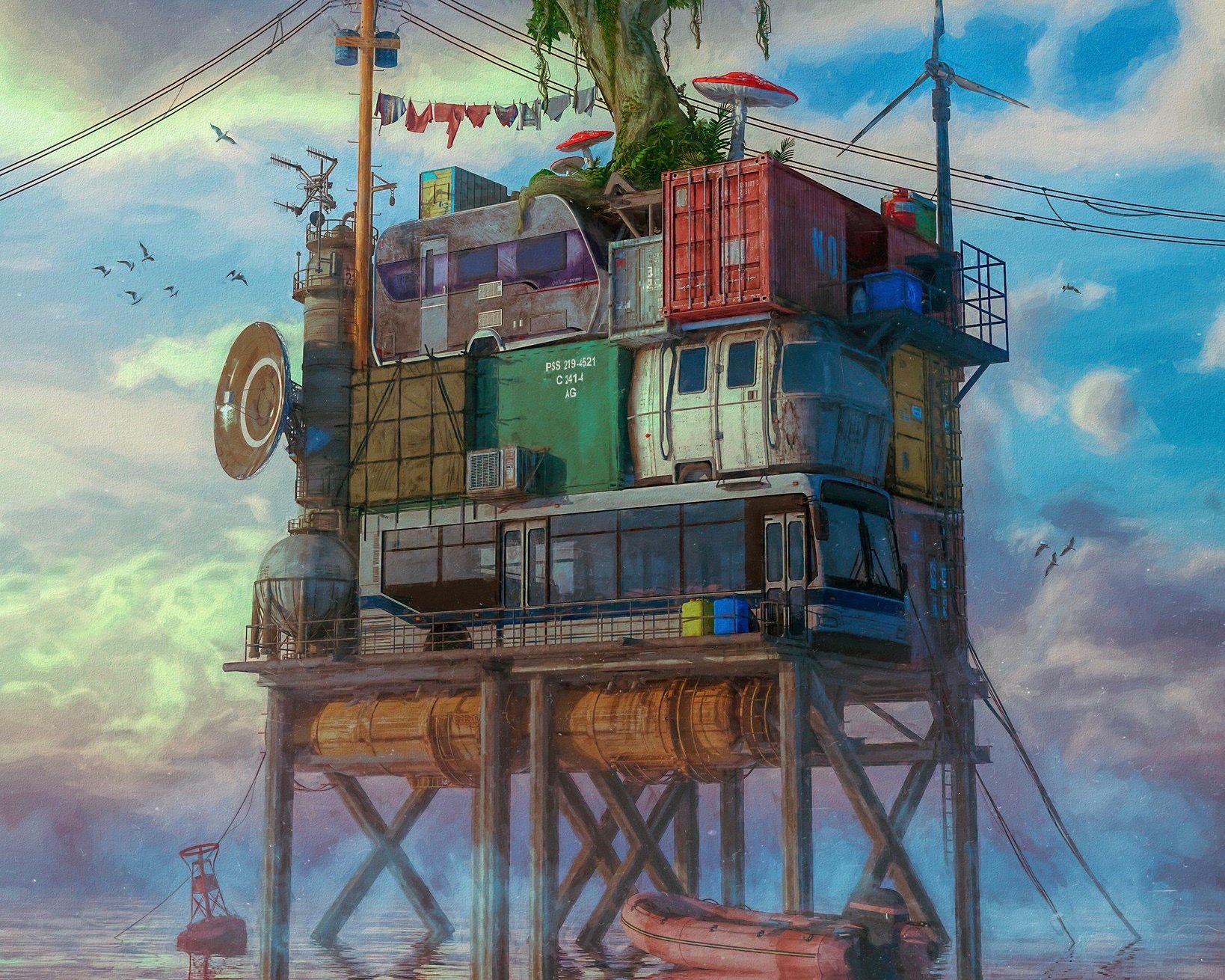 Beeple's OCEAN FRONT: a tower of shipping containers and trailers on stilts