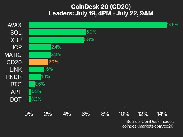 CoinDesk 20 Performance Update: AVAX and SOL Surge Lead Weekend Advance