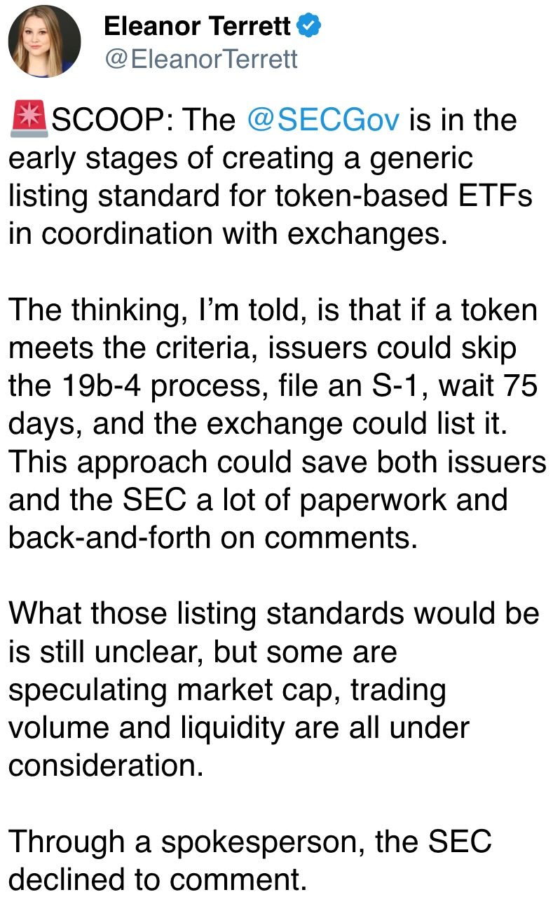 The @SECGov is in the early stages of creating a generic listing standard for token-based ETFs in coordination with exchanges. The @SECGov is in the early stages of creating a generic listing standard for token-based ETFs in coordination with exchanges.