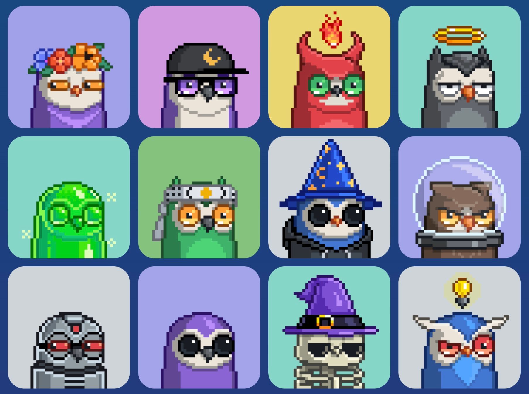 A grid of pixel Moonbirds owls in hats, glasses and a space helmet on pastel tiles