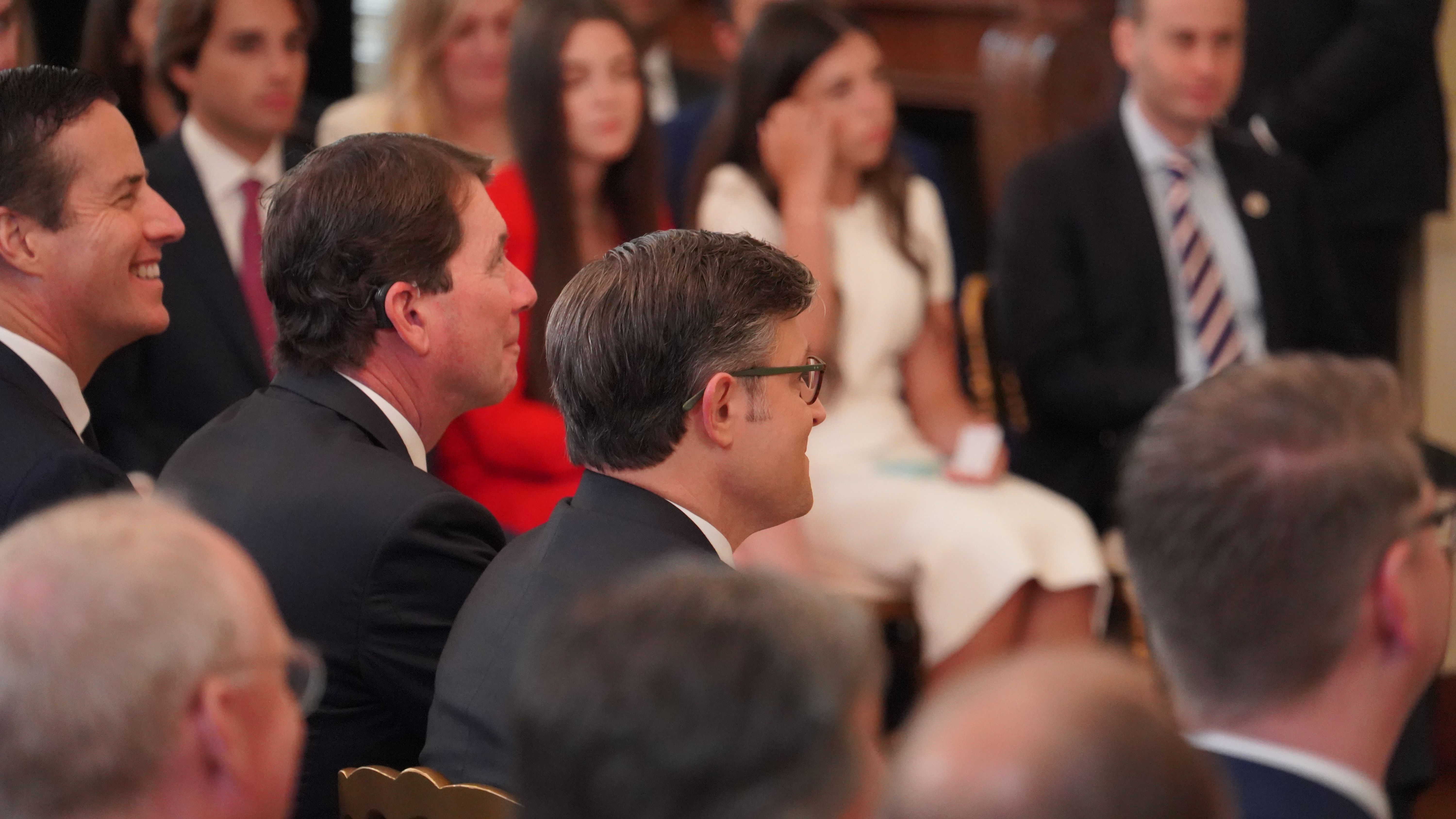 Sen. Bernie Moreno (left), Sen. Bill Hagerty and House Speaker Mike Johnson at the White House on July 18, 2025. (Nikhilesh De/CoinDesk) Sen. Bernie Moreno (left), Sen. Bill Hagerty and House Speaker Mike Johnson at the White House on July 18, 2025. (Nikhilesh De/CoinDesk)