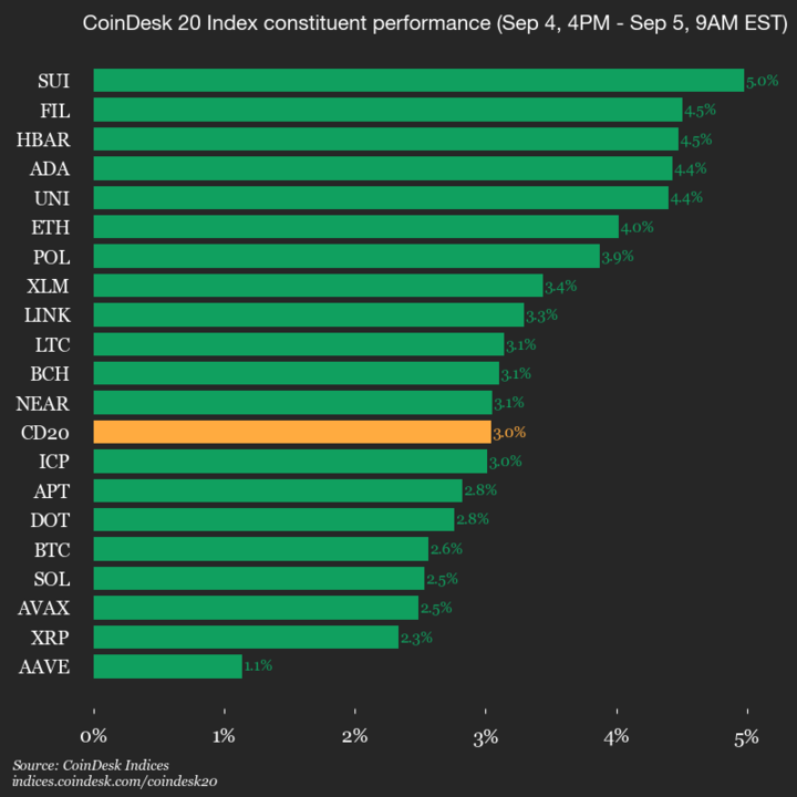 9am CoinDesk 20 Update for 2025-09-05: vertical chart 9am CoinDesk 20 Update for 2025-09-05: vertical