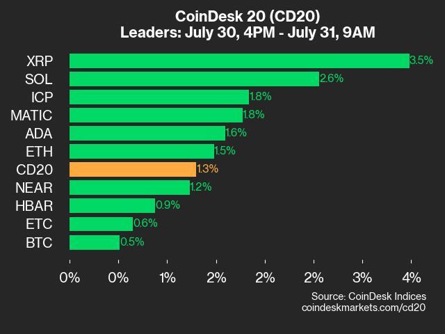 CoinDesk 20 Performance Update: XRP and SOL Outperform as Index Climbs 1.3%