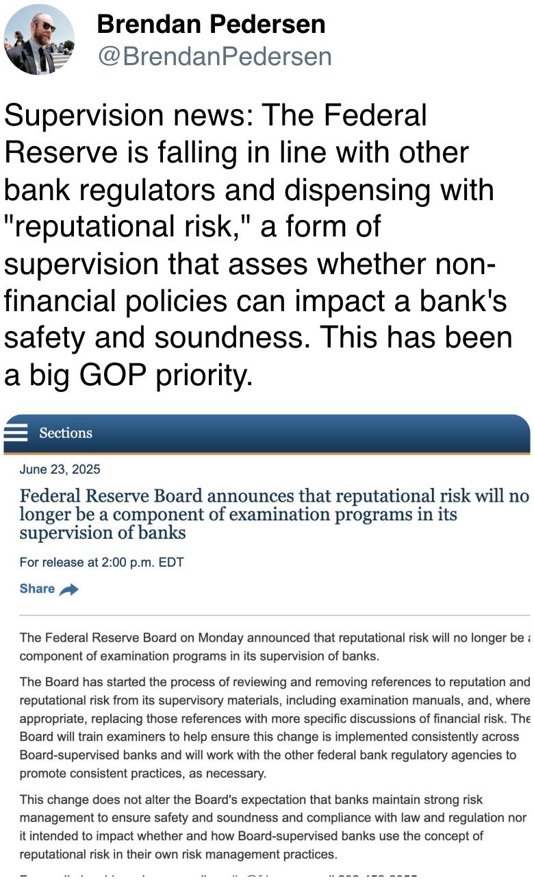 The Federal Reserve is falling in line with other bank regulators and dispensing with 