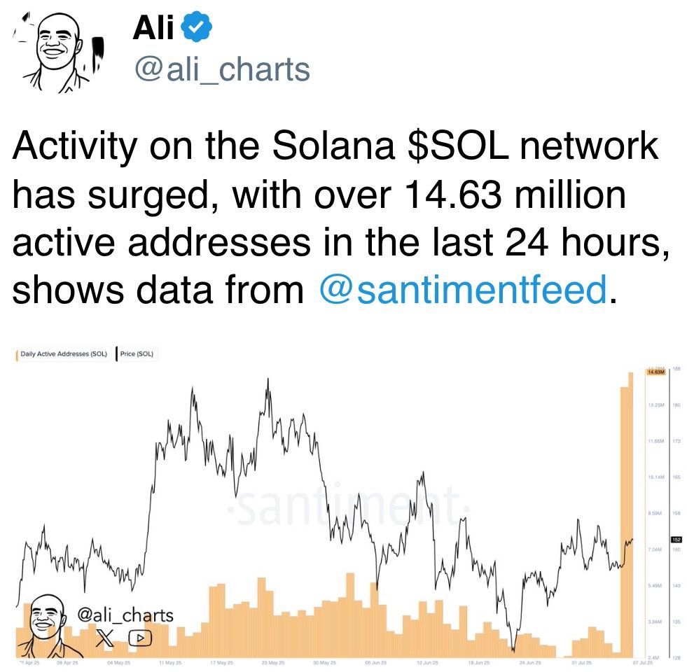 Activity on the Solana $SOL network has surged, with over 14.63 million active addresses in the last 24 hours, shows data from 