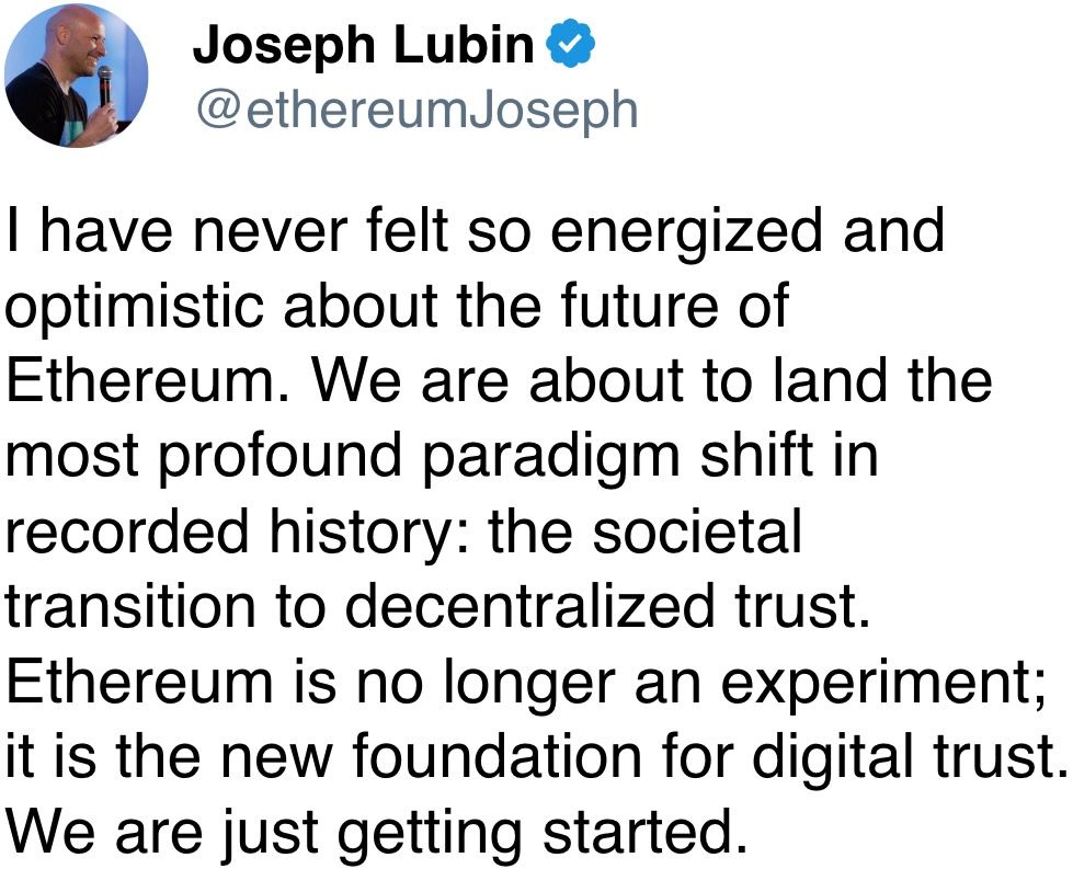 I have never felt so energized and optimistic about the future of Ethereum. I have never felt so energized and optimistic about the future of Ethereum.