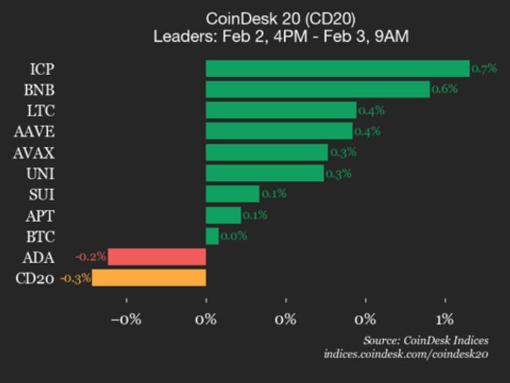 Mise à jour des performances du CoinDesk 20 : le Bitcoin (BTC) reste stable tandis que l'indice recule légèrement