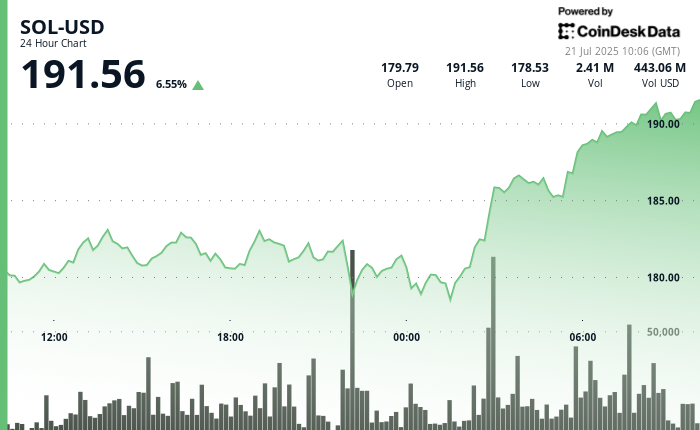 Solana's SOL Tops $191 After $11M in Shorts Liquidated and Fund Inflows Hit $39M