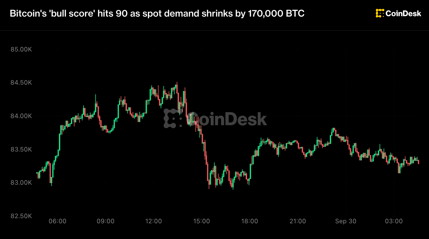 Bitcoin rally shows signs of cooling even as a 'bull score' gauge nears its perfect score