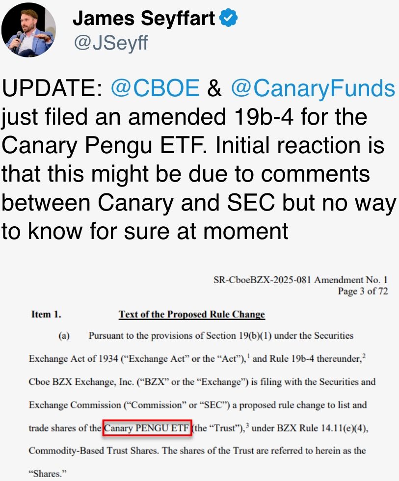 CBOE  &  CanaryFunds  just filed an amended 19b-4 for the Canary Pengu ETF. 