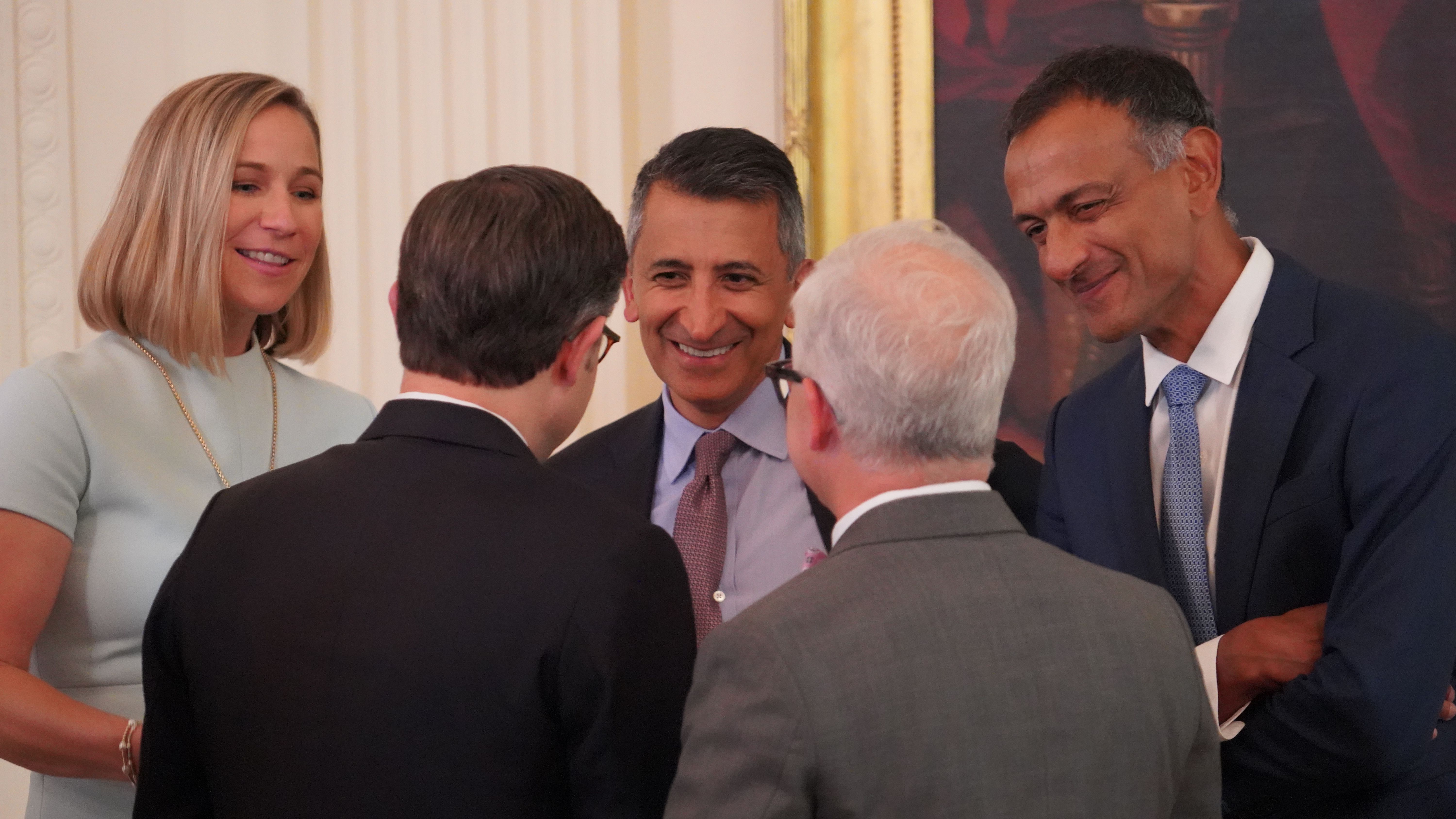 Coinbase's Kara Calvert, Faryar Shirzad and Paul Grewal speaking with House Speaker Mike Johnson and former Speaker Pro Tempore Patrick McHenry on July 18, 2025. (Nikhilesh De/CoinDesk) Coinbase's Kara Calvert, Faryar Shirzad and Paul Grewal speaking with House Speaker Mike Johnson and former Speaker Pro Tempore Patrick McHenry on July 18, 2025. (Nikhilesh De/CoinDesk)