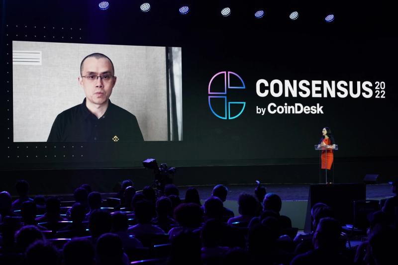 Changpeng Zhao, founder and CEO, Binance, and Emily Parker, executive director, CoinDesk (ShutterStock)