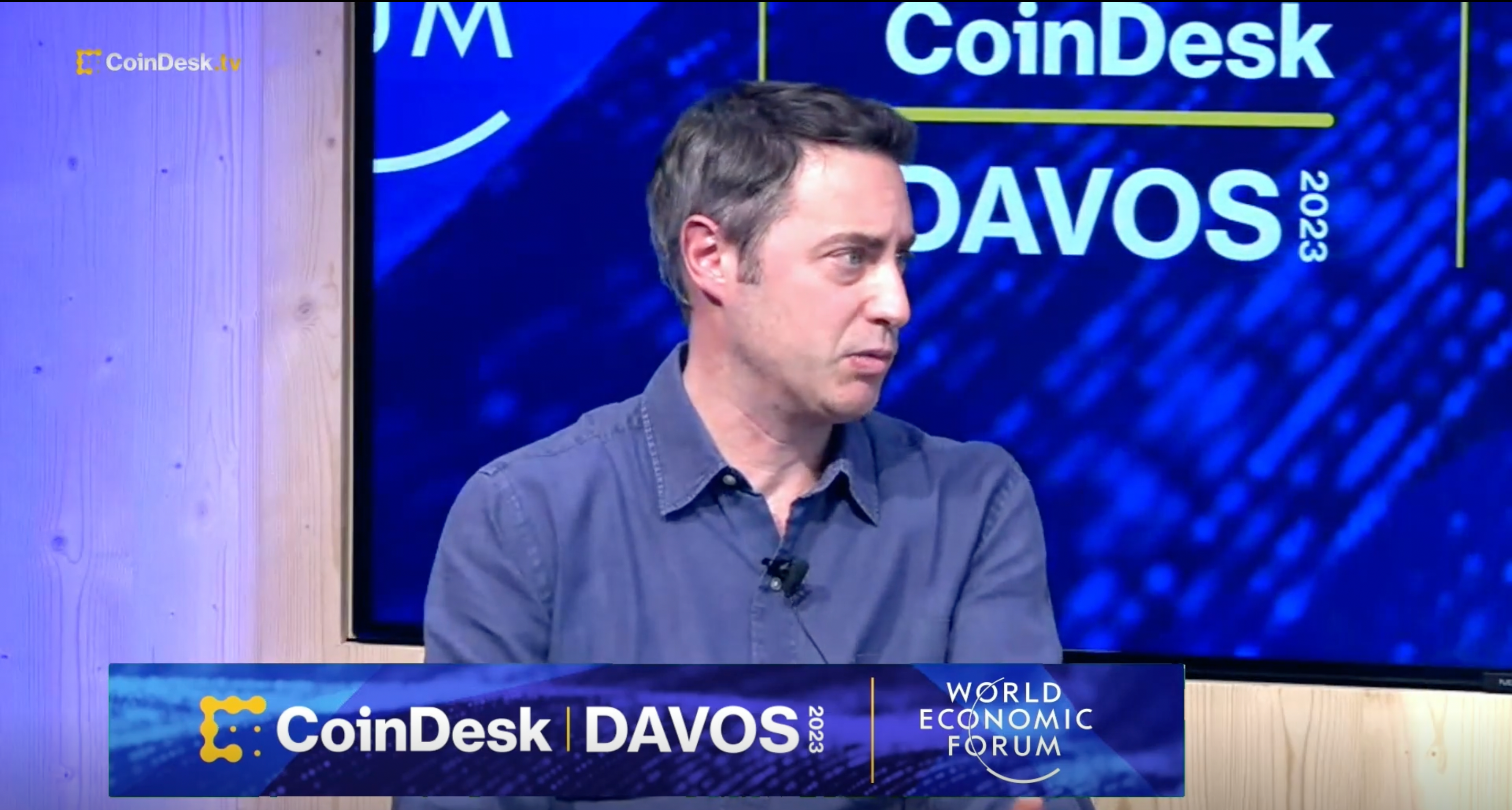 Tom Duff Gordon, vice president of international policy at Coinbase, discusses future of crypto, live from the World Economic Forum in Davos, Switzerland. (CoinDesk)
