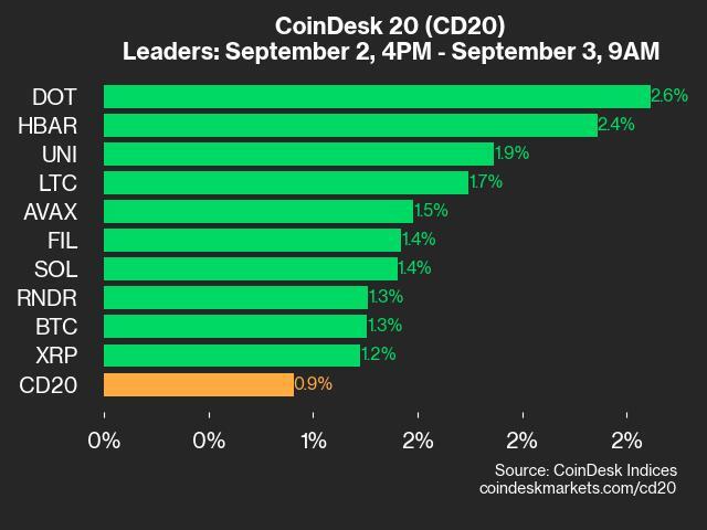 CoinDesk 20 Performance Update: DOT and HBAR Outperform as Index Rises 0.9%