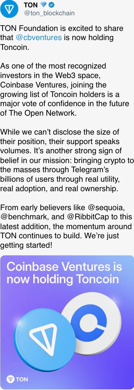 TON Foundation is excited to share that  @cbventures  is now holding Toncoin. 