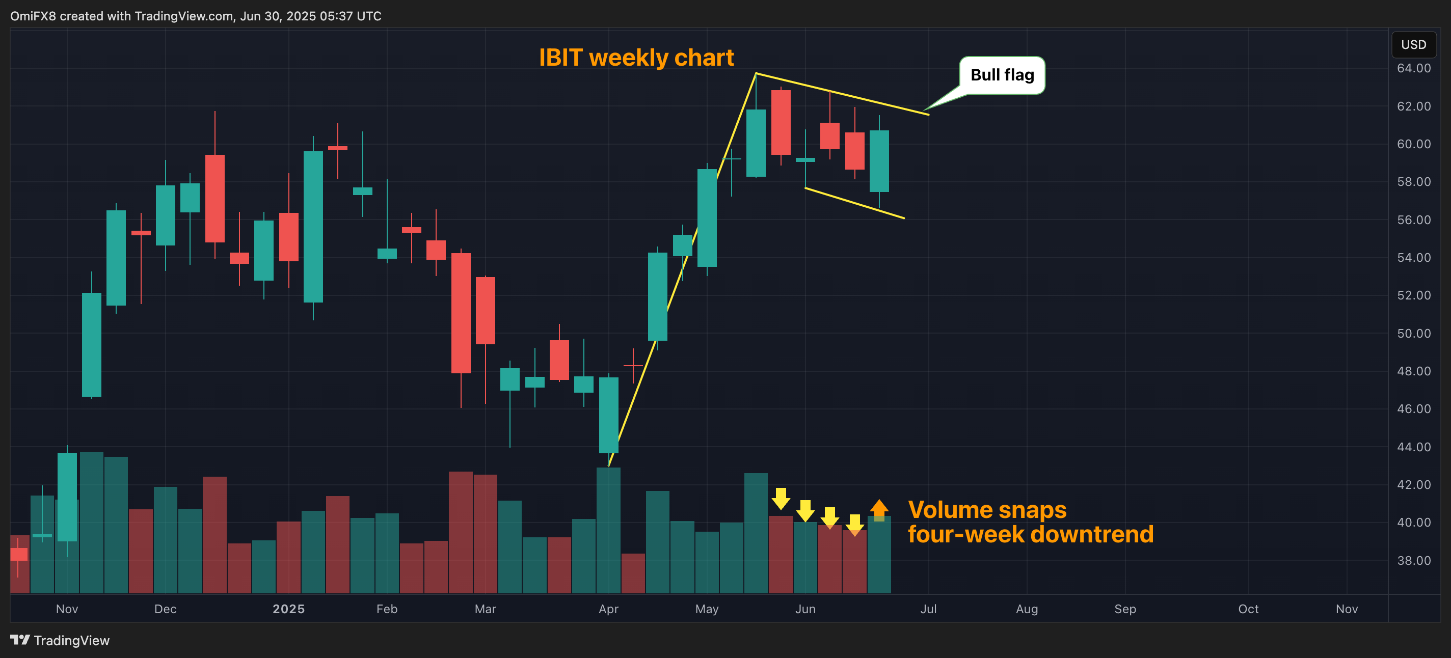 IBIT's weekly chart with trading volumes. (TradingView/CoinDesk) IBIT's weekly chart with trading volumes. (TradingView/CoinDesk)