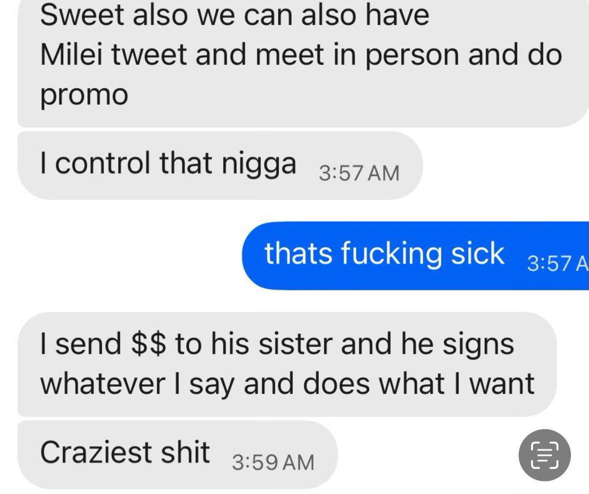 Text messages between Libra co-founder Hayden Davis (gray) and another individual.