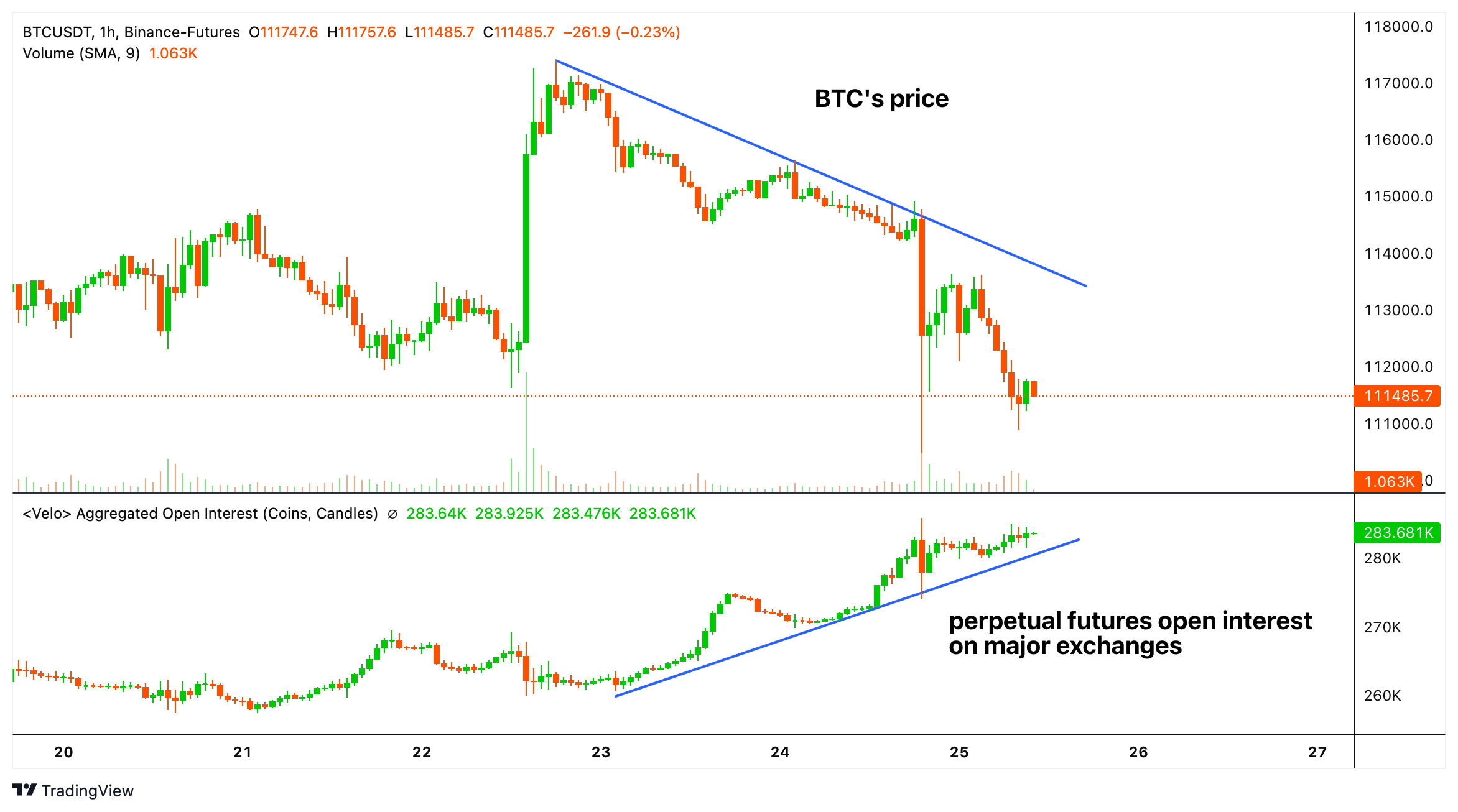 BTC's perpetual futures prices and unfastened interest. (Velo) BTC's perpetual futures prices and unfastened interest. (Velo)