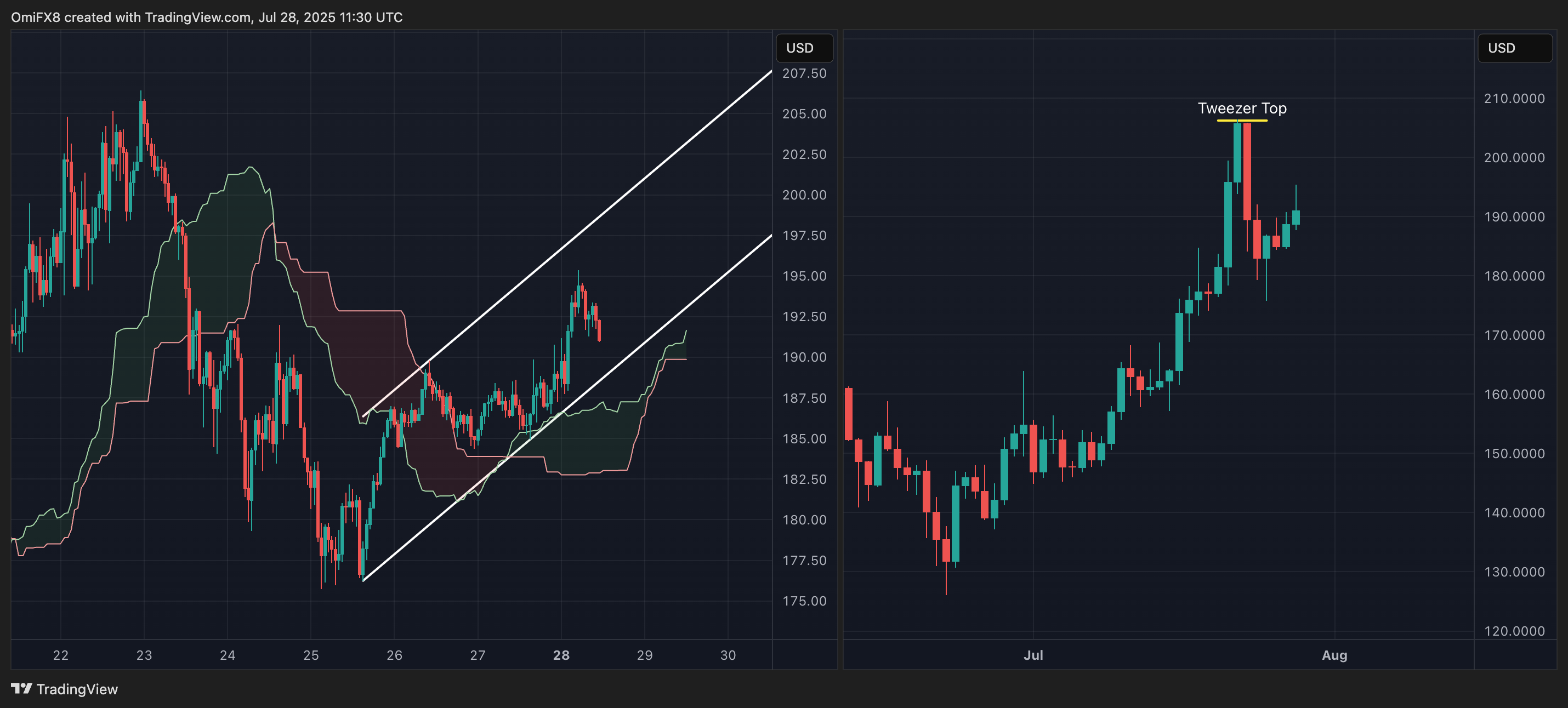 SOL's hourly (left) and regular charts. (TradingView) SOL's hourly (left) and regular charts. (TradingView)