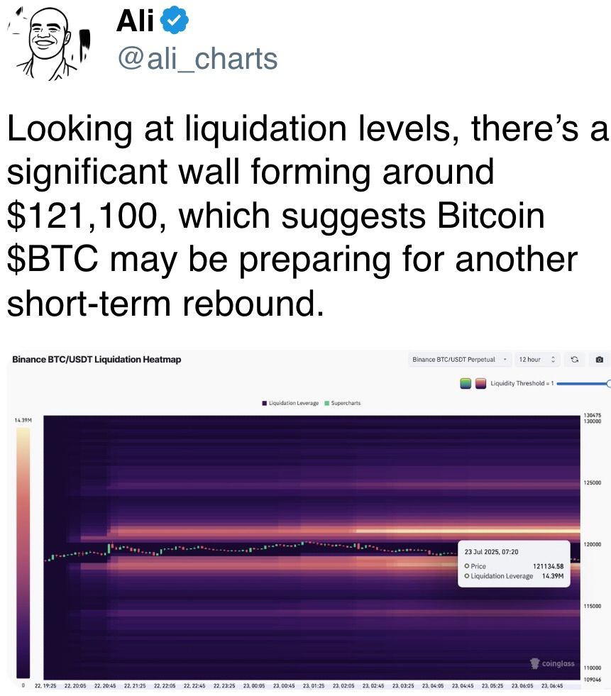 Looking astatine liquidation levels, there’s a important partition forming astir $121,100 Looking astatine liquidation levels, there’s a important partition forming astir $121,100