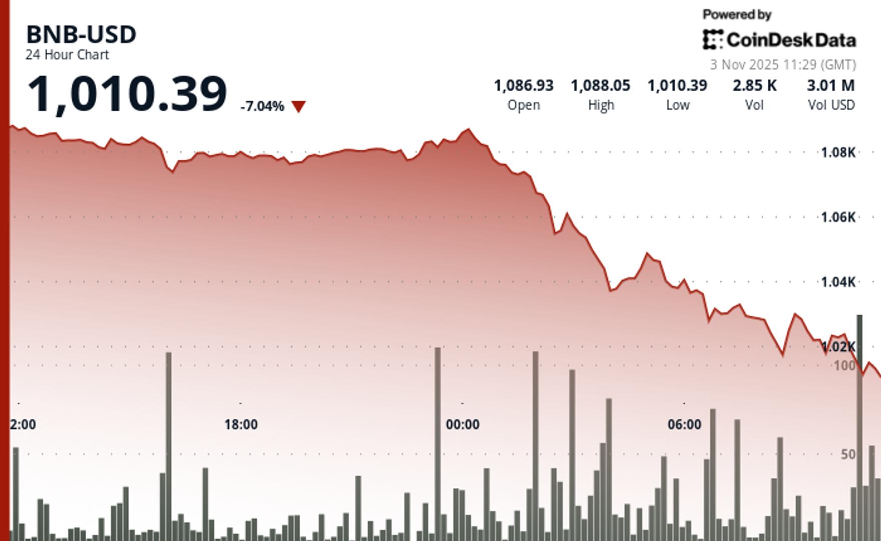 BNB Slides 6% as Price Breaks Below Key $1,080 Support Level