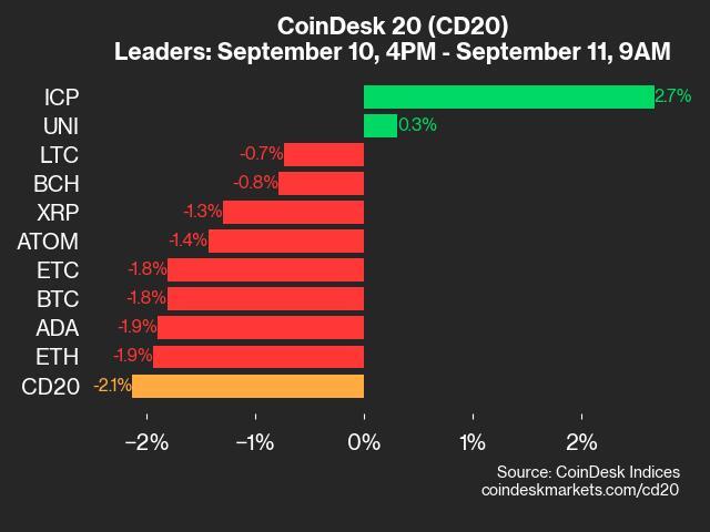 CoinDesk 20 Performance Update:  Index Falls 2.1% with Only Two Gainers