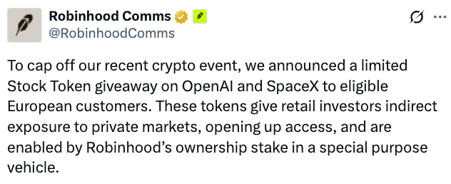 Robinhood clarifies private equity tokens