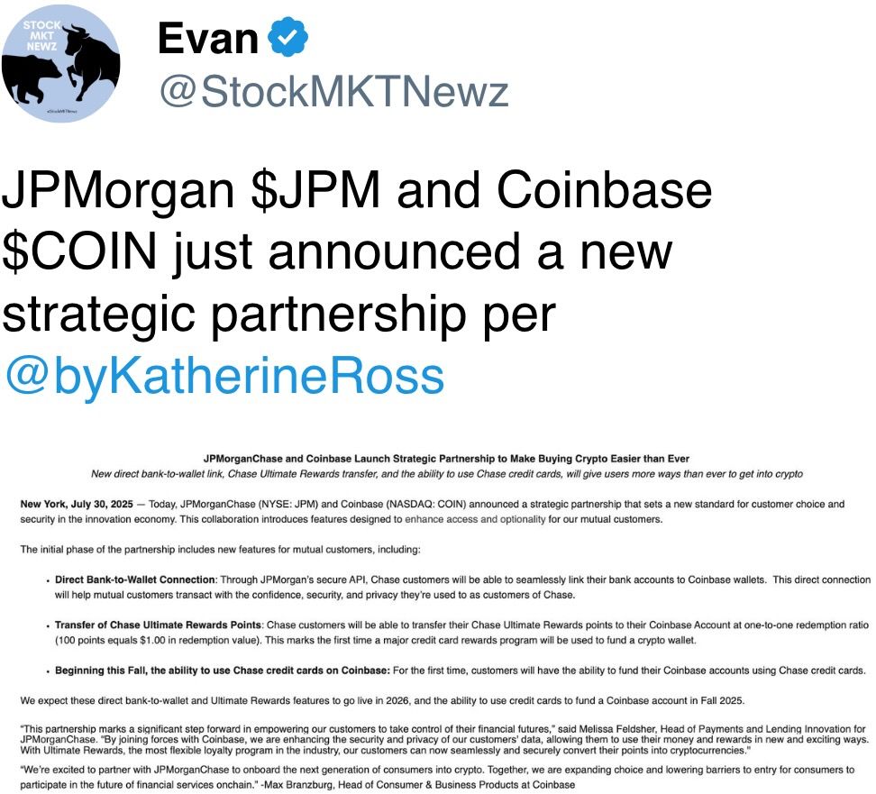 JPMorgan $JPM and Coinbase $COIN just announced a new strategic partnership JPMorgan $JPM and Coinbase $COIN just announced a new strategic partnership