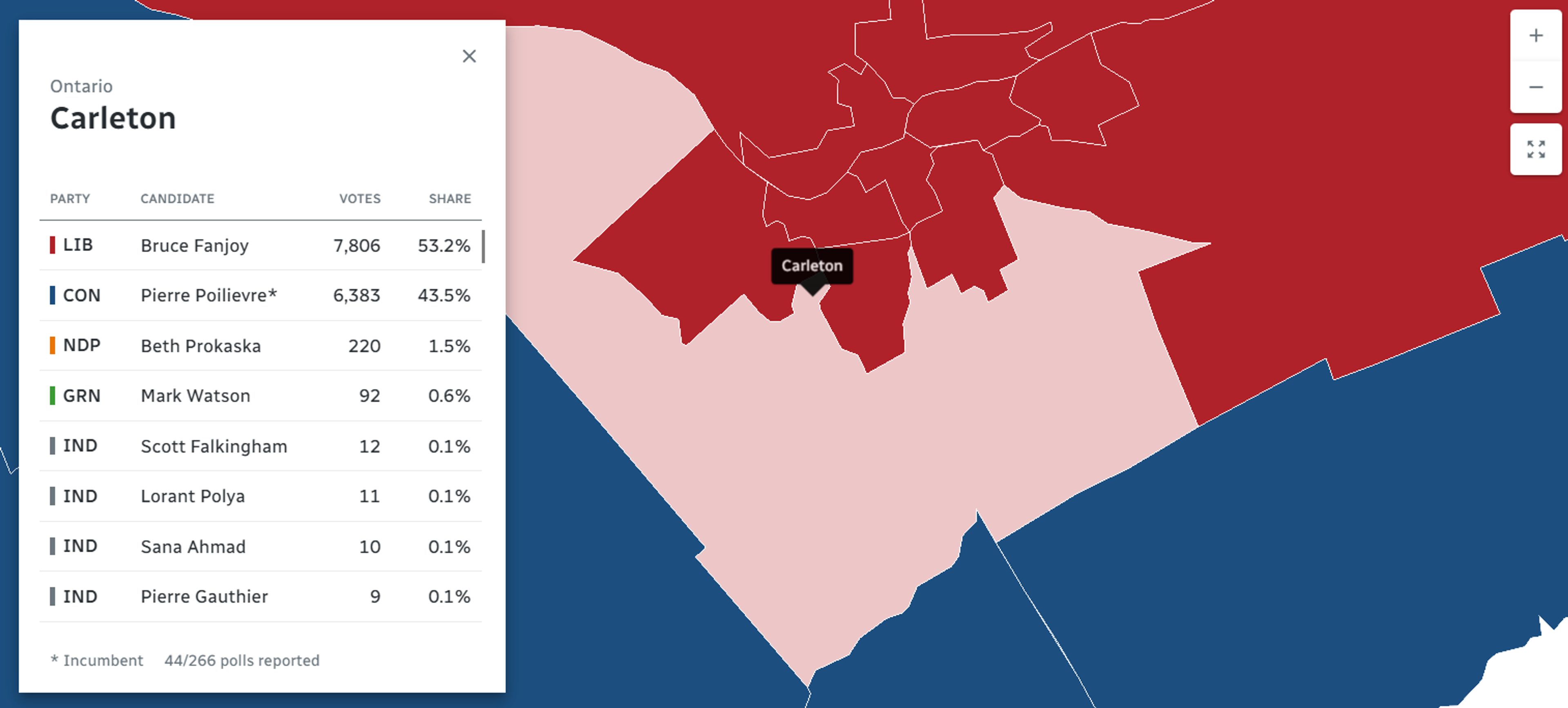 Results from Pierre Poilievre's Ottawa-area riding of Carleton