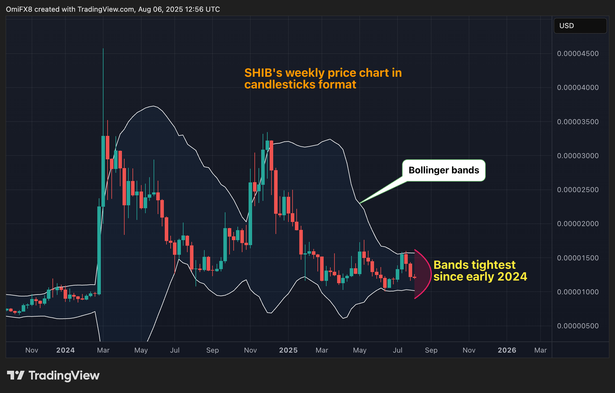 SHIB's weekly chart. (TradingView/CoinDesk)