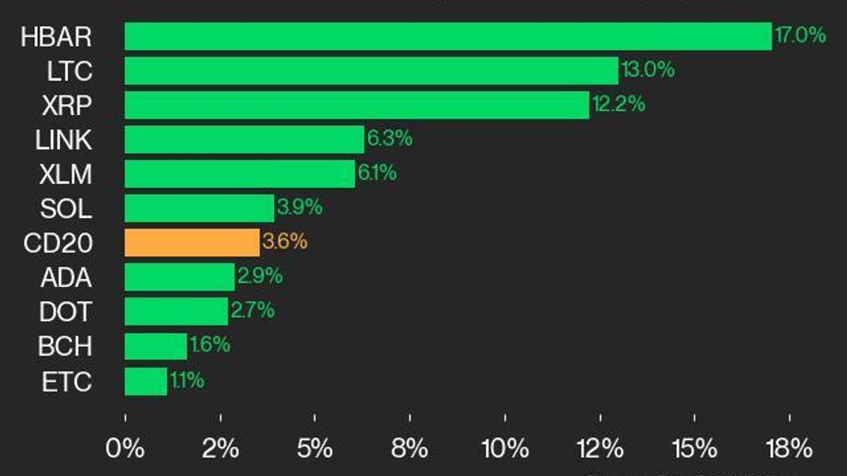 CoinDesk 20 Performance Update: HBAR Jumps 17%, Leading Index Higher