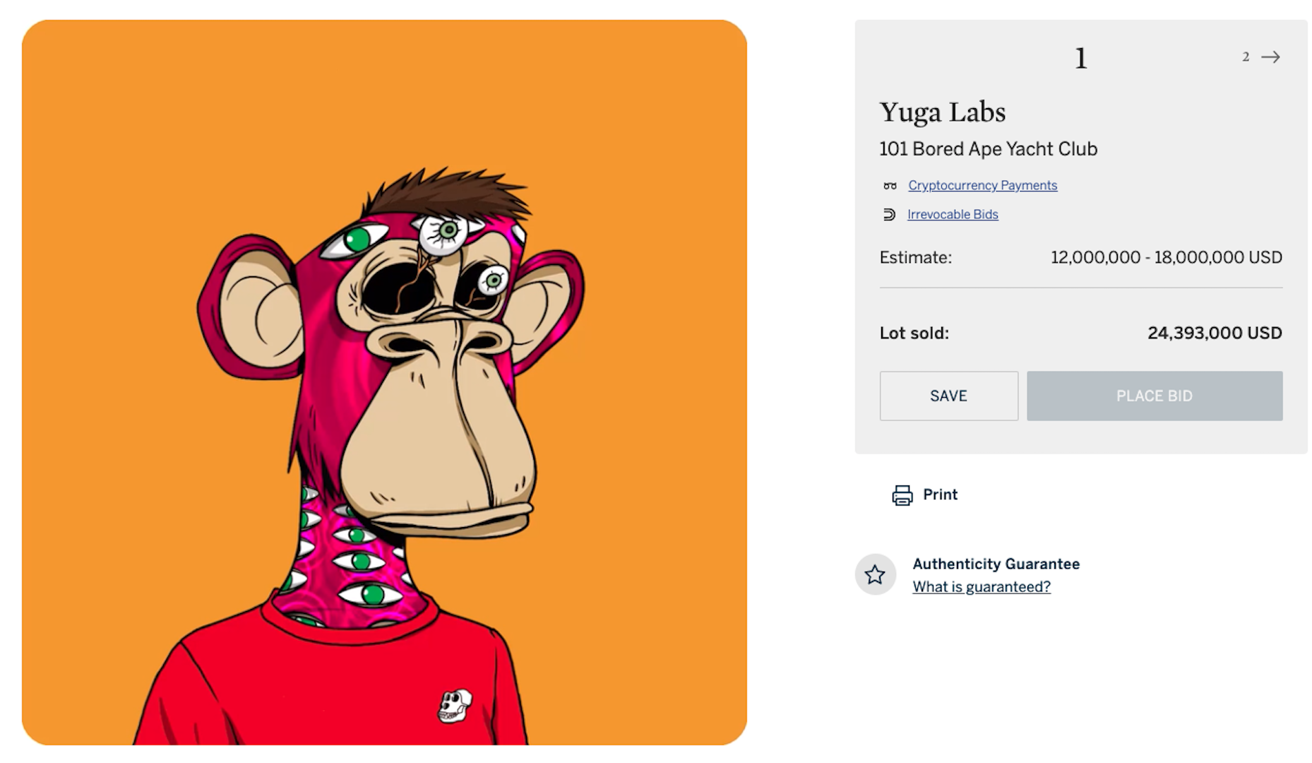 【本物保証 /関税・送料無料】Bored Ape Yacht Club Tee #2 Sotheby's Auction of 101 Bored Ape NFTs Fetches $24M
