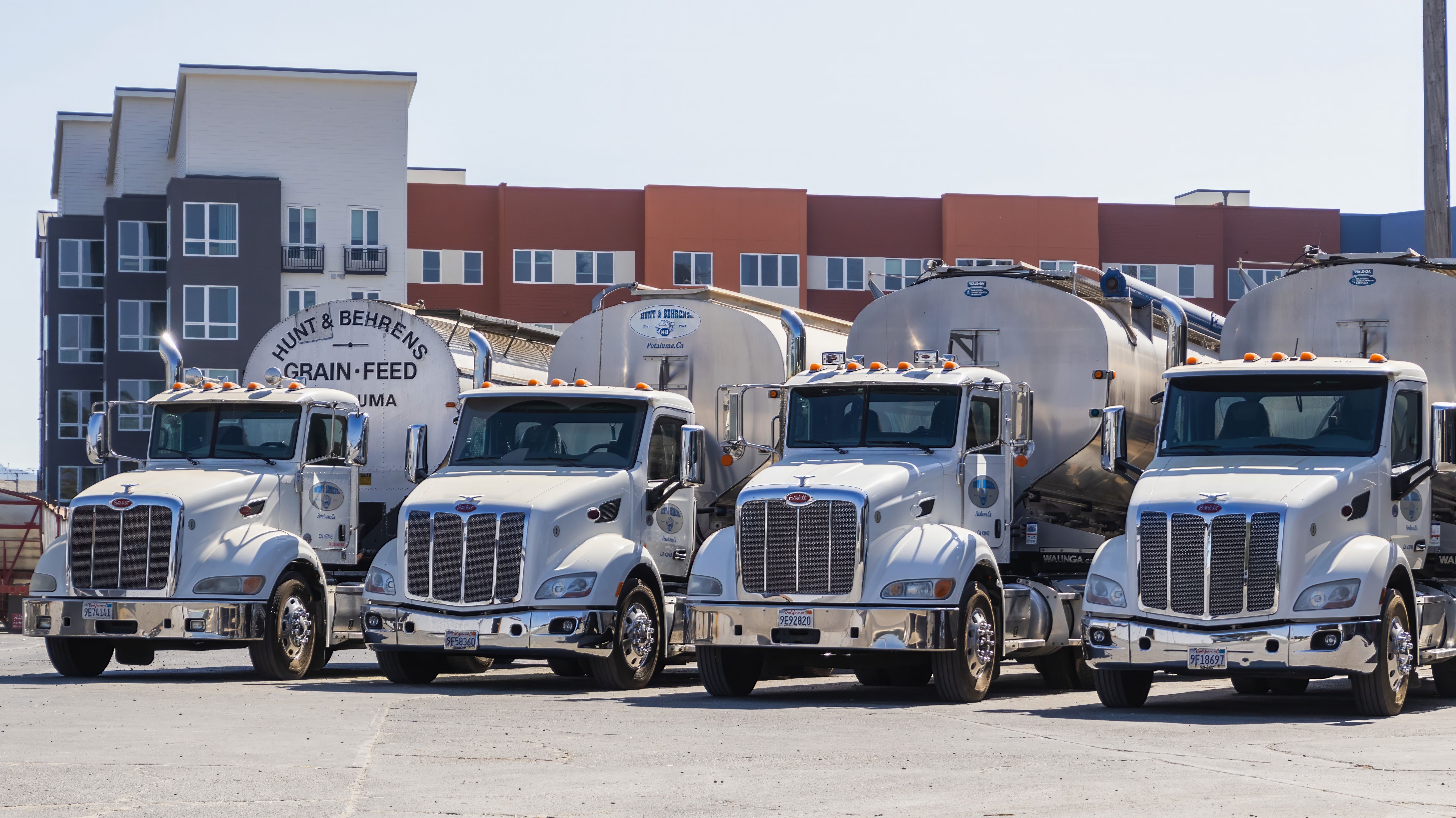 Semitrailer trucks parked in a commercial fleet yard.