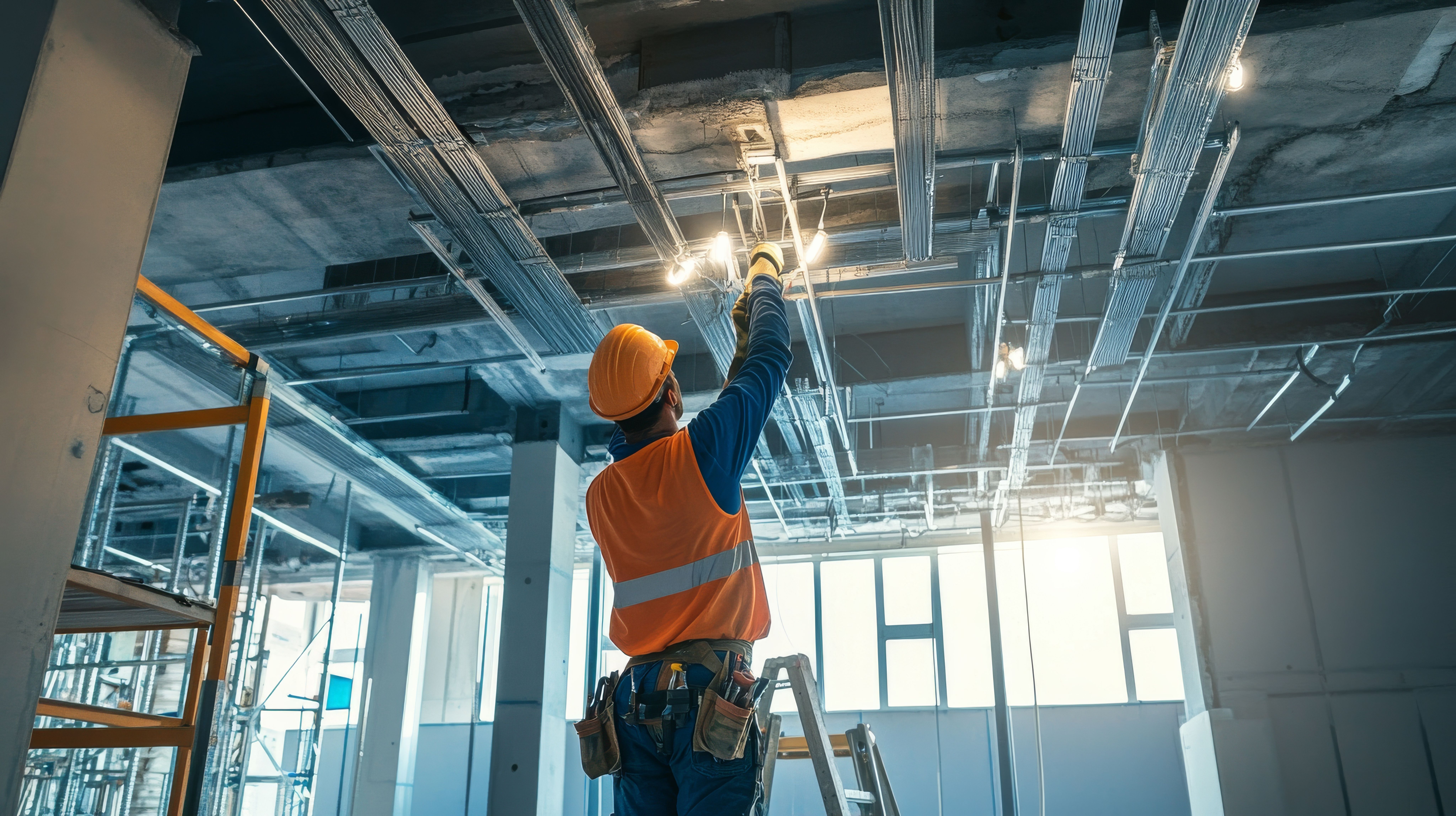 Commercial electrician installing wiring on a job site ladder