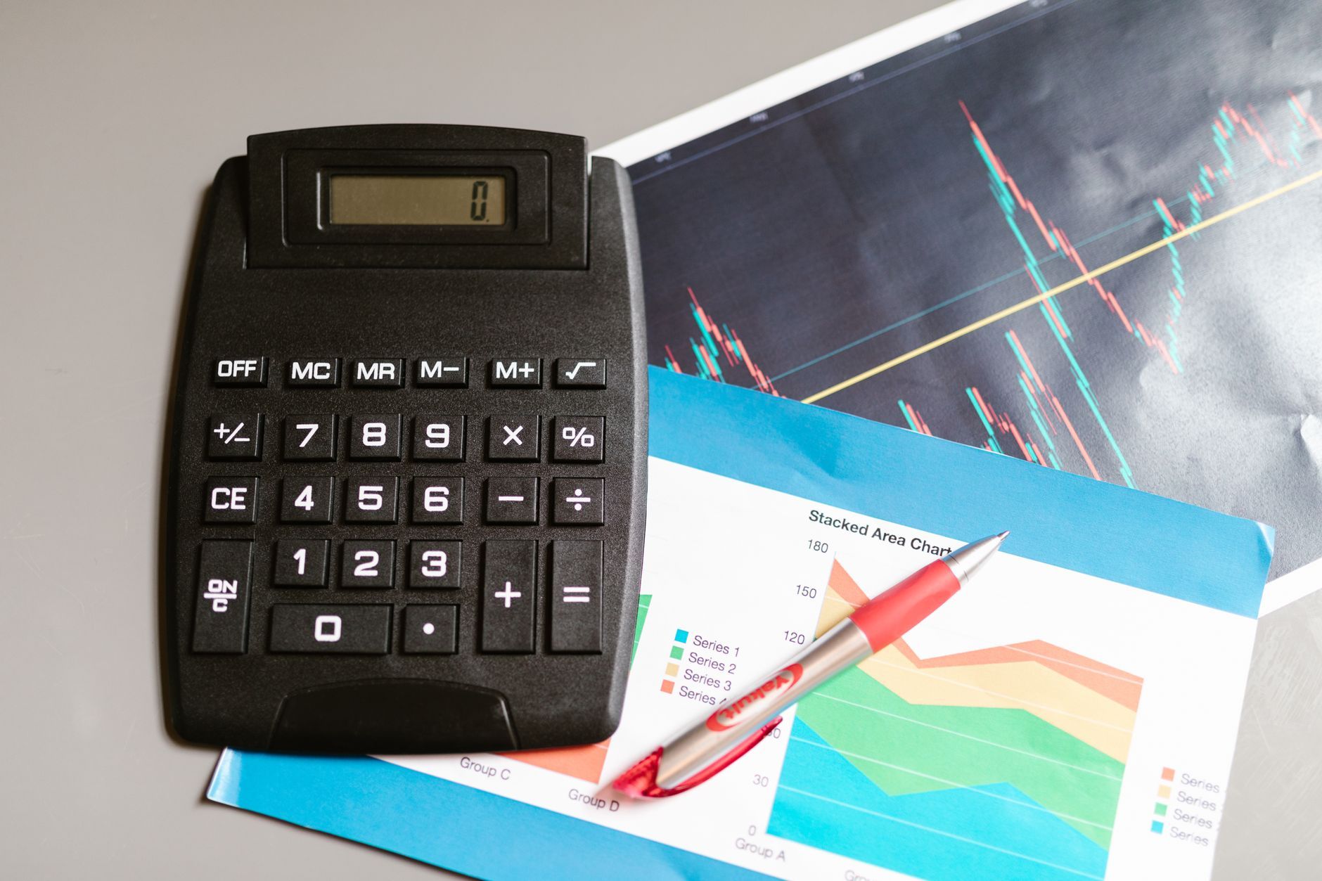 A salary report and calculator on a desk.