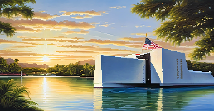 A peaceful sunset view of the USS Arizona Memorial at Pearl Harbor, with calm water and lush green surroundings.